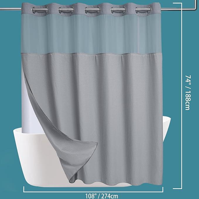 Conbo Mio Extra Wide No Hook Waffle Weave Shower Curtain with Snap in Liner Set, 108" x 74" Hotel Luxury Grey Shower Curtains for Bathroom with See Through Top Window, Waterproof, Washable 108W x 74H - ModernBath