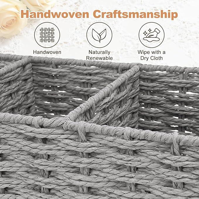 EITMOW Seagrass Wicker Basket for Toilet Tank Top, 3-Compartment Handwoven Bathroom Organizer for Toilet Paper, Pads, and Accessories (1, Gray) - ModernBath