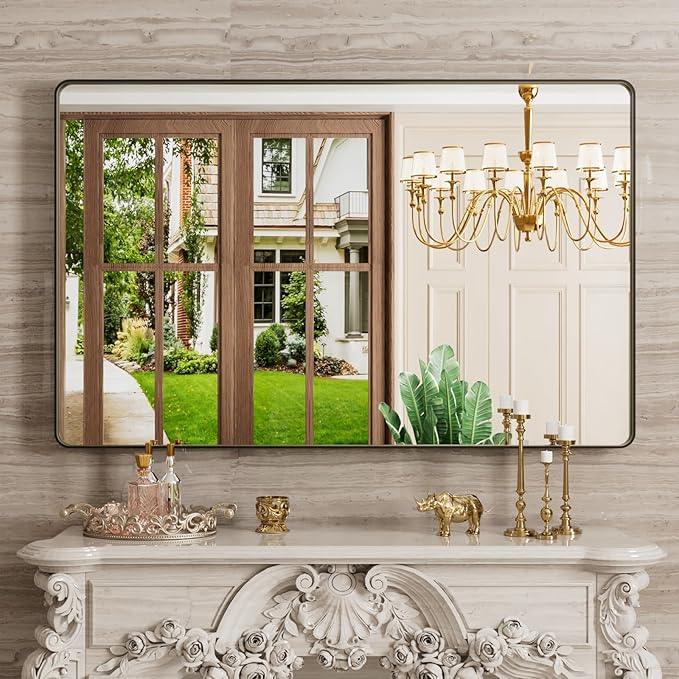 JISOSO 48X30 Inch Black Bathroom Mirror, Black Metal Framed Mirror for Wall, Rounded Rectangle Matte Bathroom Vanity Mirror with Tempered Glass, Anti-Rust, Horizontal/Vertical - ModernBath