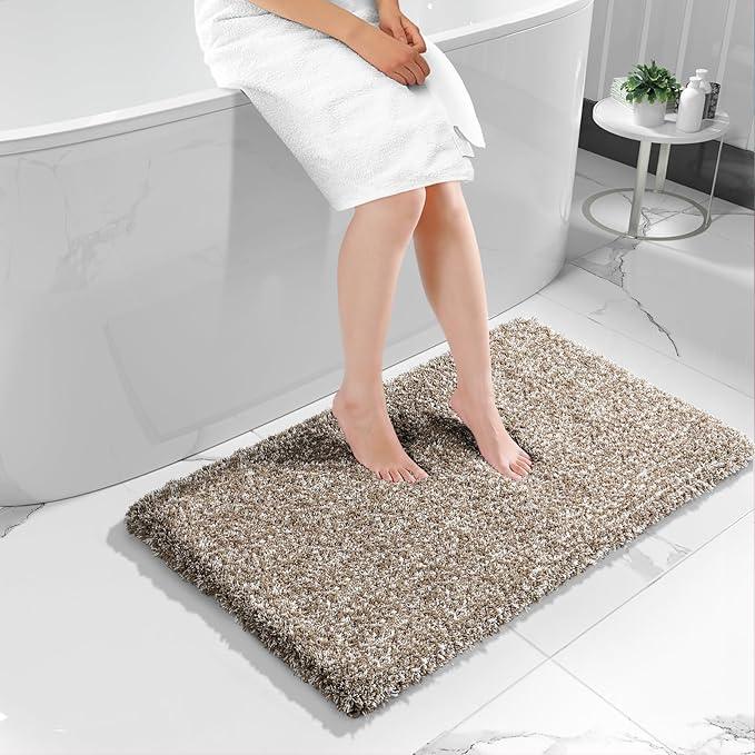 Yimobra Fluffy Plush Bath Rug, Shaggy Soft Comfortable Non Slip, Water Absorbent Microfiber Bath Mat, Dry Quick, Machine Washable Thick Bathroom Floor Rugs for Shower, 44"x 24", Light Brown and White - ModernBath