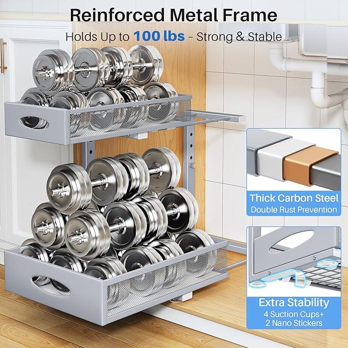 Under Sink Organizer, 2 Pack 2 Tier Pull Out Under Cabinet Organizer Shelf with Pad for Framed Cabinets, Metal Slide Out Under Sink Storage, Mesh Sliding Drawers for Kitchen Bathroom Laundry, Grey - ModernBath