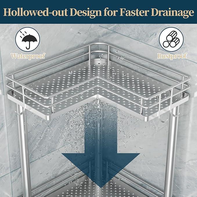Consumest Corner Shower Caddy Standing - 3-Tier Stainless Steel Shower Organizer with Soap Holder and 4 Hooks, Large Capacity Corner Shelf Stand for Bathroom, Rest Room, Silver - ModernBath
