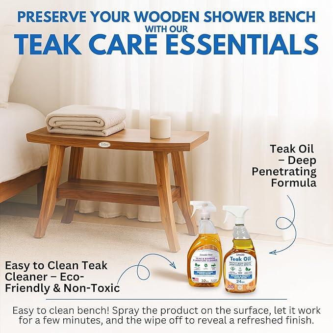 EcoDecors 28" Satori Teak Shower Bench –Bath Seat, Natural Wood Finish Water-Resistant Spa Bench | Slatted Design & Adjustable Feet for Indoor Outdoor Use | Sturdy & Safe - ModernBath