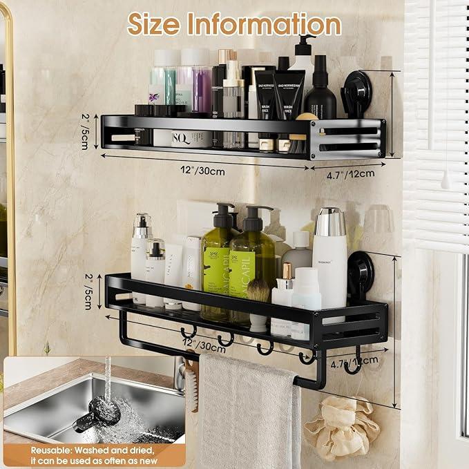 CIBOTIES Shower Caddy Suction Cup, 11.8 inch 2 Pack Suction Shower Shelf with Hooks NO-Drilling Bathroom Holder, Rustproof Bathroom Organizer, Black,Includes 2 Extra Suction Cups for Replacement Use - ModernBath