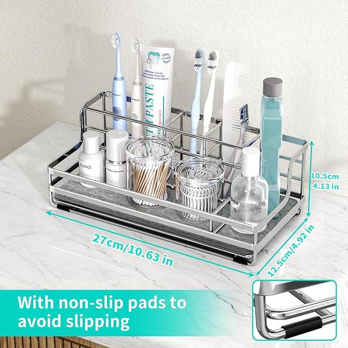 HapiRm Toothbrush Holders for Bathroom - 5 Partitions Bathroom Counter Organizer with Instant Drying Stone, Stainless Steel Countertop Storage Electric Toothbrush Toothpaste Holder - Silver - ModernBath