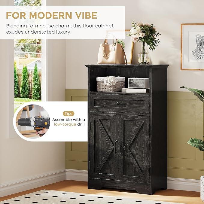 Floor Cabinet, Farmhouse Storage Cabinet with Barn Doors and Drawer, 11.81" D x 23.62" W x 39.37" H Black Freestanding Adjustable Shelf Organizer for Bathroom, Kitchen, Living Room - ModernBath