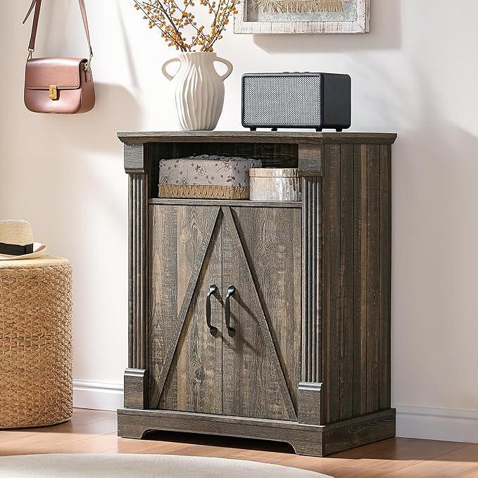 24" Farmhouse Storage Cabinet – Dark Rustic Oak Freestanding Buffet Sideboard with Barn Doors, Adjustable Shelf, Small Coffee Bar for Kitchen, Bathroom & Living Room - ModernBath