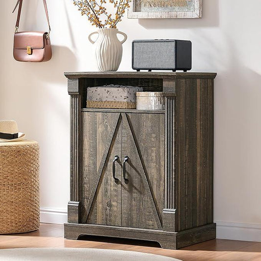 24" Farmhouse Storage Cabinet – Dark Rustic Oak Freestanding Buffet Sideboard with Barn Doors, Adjustable Shelf, Small Coffee Bar for Kitchen, Bathroom & Living Room - ModernBath