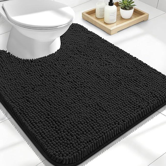 OLANLY Toilet Rugs U-Shaped 24x20, Extra Soft Absorbent Chenille Contour Bathroom Rugs for Toilet, Dry Quickly, Machine Washable, Non-Slip Bath Mat, Black - ModernBath