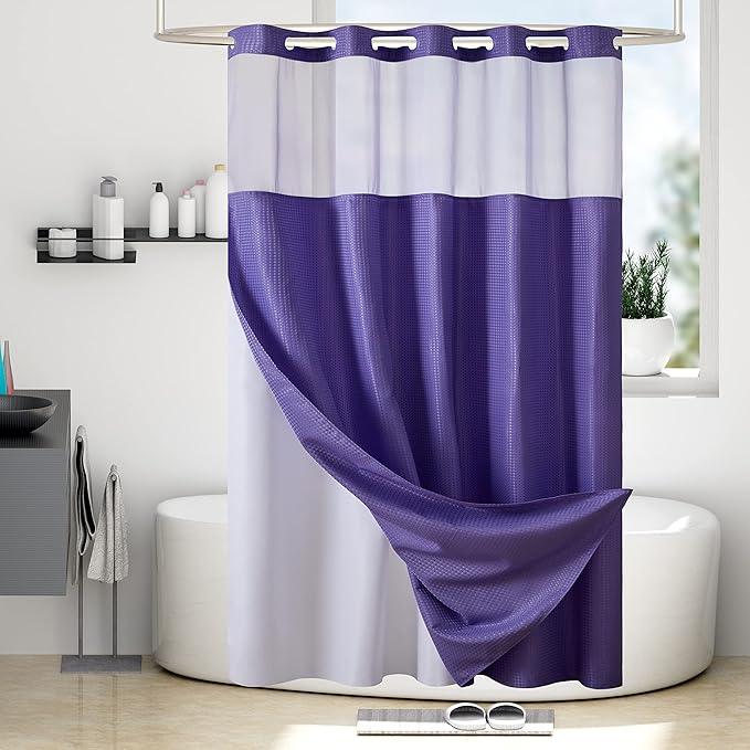 Furlinic Extra Long No Hook Waffle Weave Shower Curtain with Snap in Fabric Liner Set,Heavy Duty Textured Bathroom Curtains with See Through Window,Waterproof & Machine Washable,Purple,71x96 Inch - ModernBath