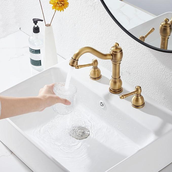 GGStudy 2 Handles 3 Holes Faucet Widespread Bathroom Sink Faucet Basin Tap Mixer Supply Hose Included Matching Pop Up Drain Antique Brass - ModernBath