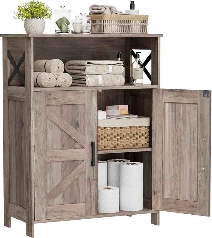 Homhedy Farmhouse Bathroom Storage Cabinet with 2 Doors, Toilet Paper Cabinet with Adjustable Shelves, Small Bathroom Cabinet for Kitchen/Laundry/Living Room, 11.8 x 23.6 x 31.5 Inches, Greige - ModernBath