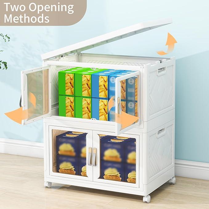 Large Clear Stackable Storage Bins with Lids, 90QT-45QT*2Tier Foldable Cabinet for Closet Organizers, Plastic Storage Box with Wheels White - ModernBath