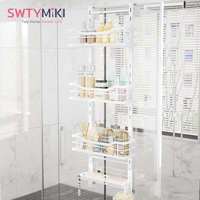 SWTYMIKI Over the Door Shower Caddy - 4 Tier Adjustable Shower Organizer Hanging with Soap Holder, No Drilling Stainless Steel Bathroom Rack Hanging for Body Wash, Shampoo, Soap, Razor, White - ModernBath