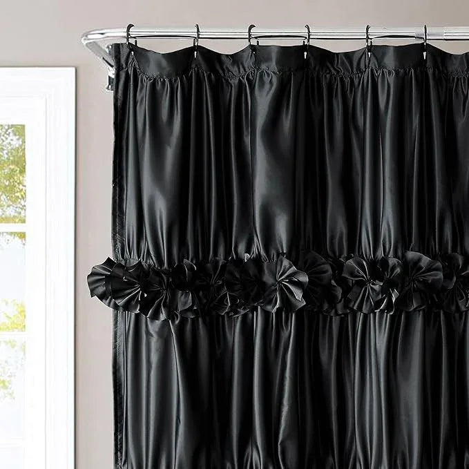 Homechoice Decor Black Ruffle Shower Curtain, Vintage Handcrafted Bow Tie Bath Curtain for Master Bathroom, Ruched Satin Bathroom Curtain with 12 Buttonholes, 72" W x 84" H (LQ-10) - ModernBath