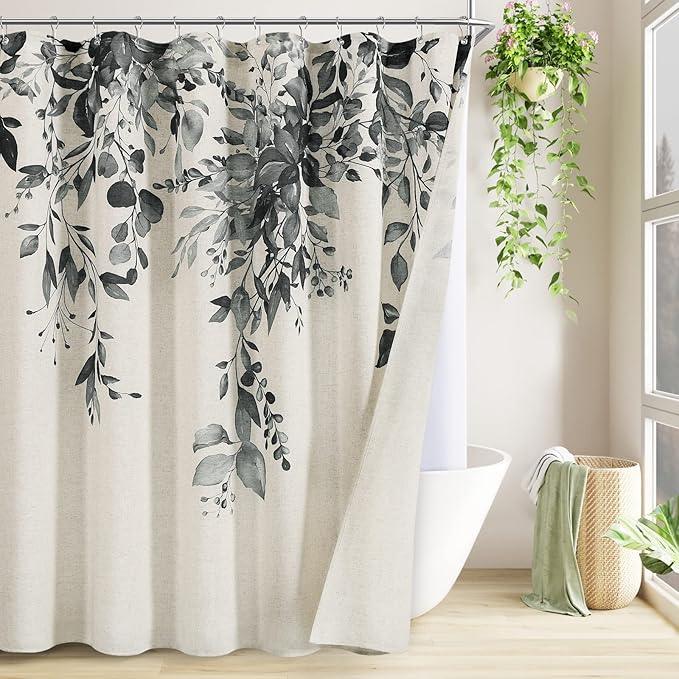 BOODII Dark Gray Farmhouse Linen Shower Curtains Set Slate Floral Eucalyptus Cloth Fabric Bathroom Curtain with Liner Nature Grey Leaf Double Shower Curtain Rustic Tan Grey Dove Decoration 72x72 - ModernBath