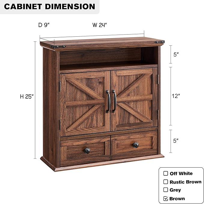 ACCOHOHO Bathroom Wall Cabinet, Farmhouse Medicine Cabinet, 24" Wide Cabinet with Drawer, Adjustable Shelf, Double Barn Doors, Storage Cabinet for Bathroom, Kitchen, Living Room, Brown - ModernBath
