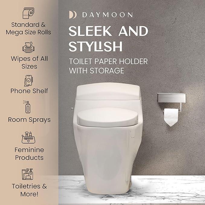 Day Moon™ Brushed Nickel Toilet Paper Holder with Shelf, Wipe Holder for Bathroom, Flushable Wipes Dispenser - Toilet Paper and Wipes Holder, Toilet Paper Holder with Storage - ModernBath