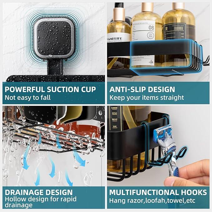 TAILI Shower Caddy Suction Cup 2 Pack,Stainless Steel Rustproof Shower Shelves,No Drilling Wall Mounted Basket,Large Capacity,Removable Suction Cup Bathroom Organizers & Home Decor,Black - ModernBath