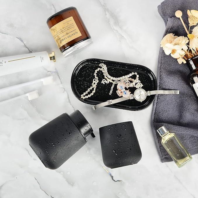 BosilunLife Black Bathroom Accessory Set - 3 pcs Ceramic Bathroom Soap Dispenser Set Farmhouse Bathroom Counter Decor Set Accessories, Soap Dispenser and Toothbrush Holder, Tray (Liquid Pump) - ModernBath