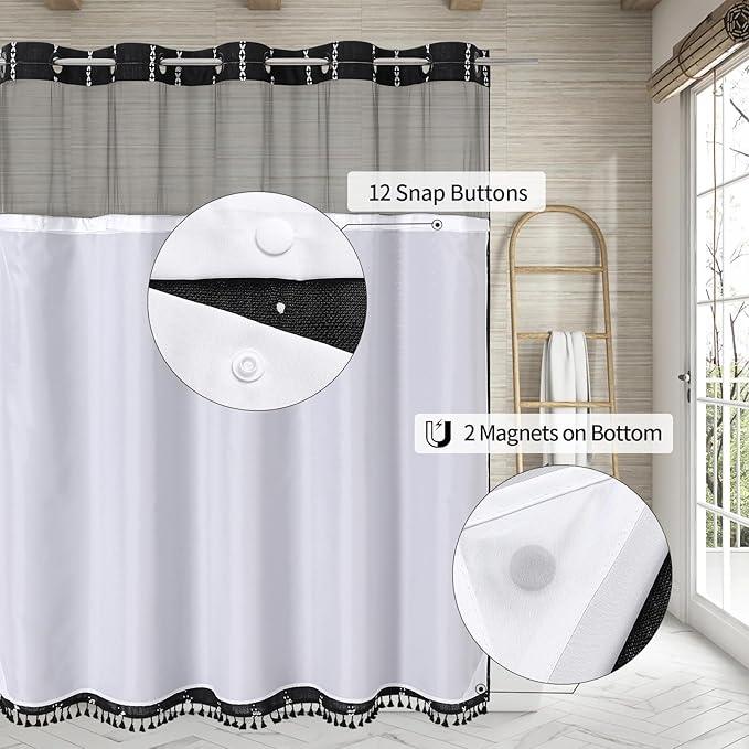 No Hooks Needed Farmhouse Shower Curtain with Snap-in Liner - with Window & Magnets, Boho Cotton Linen Fabric Shower Curtains with Tassels for Rustic Bathroom Decor, Black and White, 72 x 74 - ModernBath