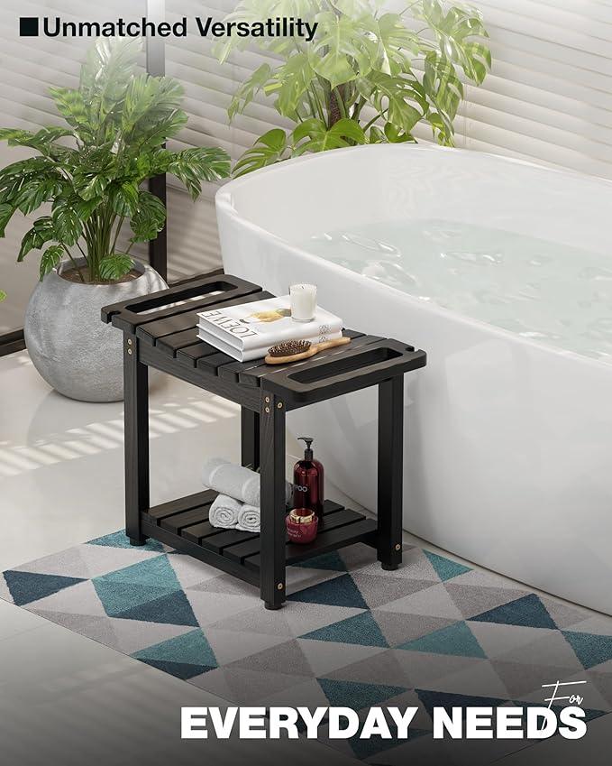 BLUEWEST Shower Bench Seat with Storage Shelf, Natural Wood Shower Benches for Inside Shower to Sit on, Waterproof Bathroom Spa Bench Stool for Legs Shaving with Built-in Handle & Shower Head Holder - ModernBath