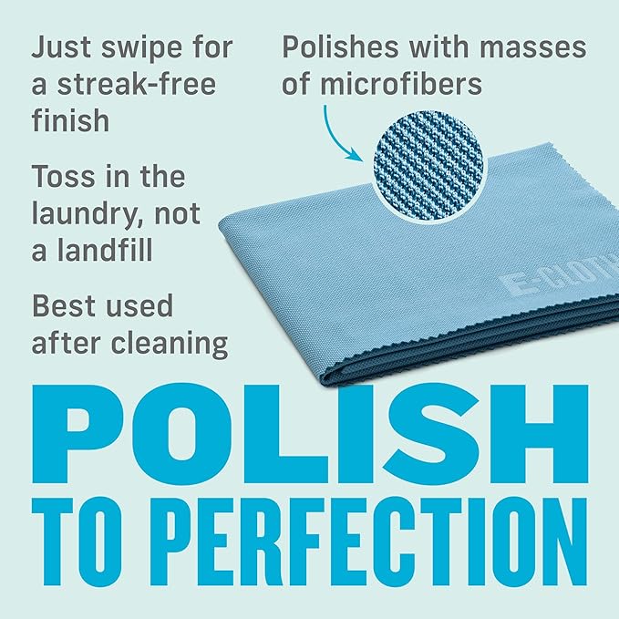 E-Cloth Glass & Polishing Cloths, Premium Microfiber Glass Cleaner, Great for Windows, Glass and Mirrors, Washable and Reusable, 100 Wash Guarantee, Alaskan Blue, 8 Pack