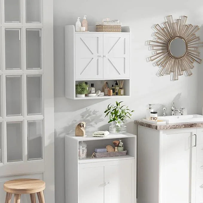 EasyCom Bathroom Cabinet Storage, Farmhouse Medicine Cabinet with Adjustable Shelves and Double Barn Doors, Over The Toilet Storage Cabinet for Bathroom, Kitchen, Living Room, White - ModernBath