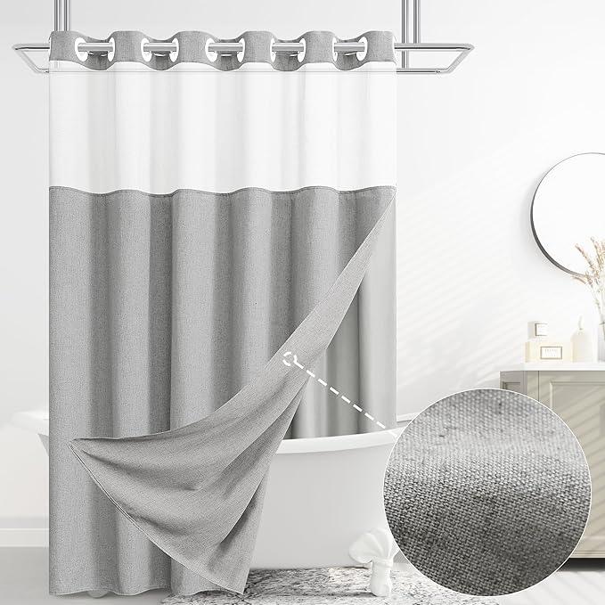 Jowels No Hooks Needed Linen Shower Curtain and Liner Set,Light Grey Hotel Luxury Decor Shower Curtains for Bathroom with See Through Top Window,Water Resistant Fabric,72Wx72L,Light Grey - ModernBath
