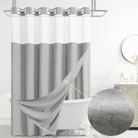 Jowels No Hooks Needed Linen Shower Curtain and Liner Set,Light Grey Hotel Luxury Decor Shower Curtains for Bathroom with See Through Top Window,Water Resistant Fabric,72Wx84L,Light Grey - ModernBath