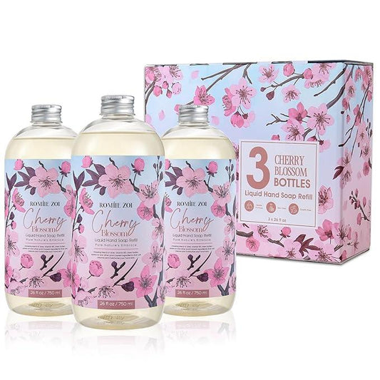 ROMIIE ZOI Cherry Blossom Liquid Hand Soap Refill Gift Set – 3 Pack (26 Fl Oz Each), Moisturizing & Gentle, Biodegradable Formula with Essential Oils for Spa, Kitchen, Bathroom - ModernBath