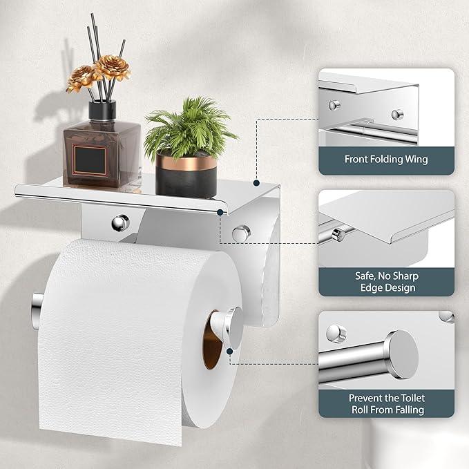 FORIOUS Toilet Paper Holder with Shelf, Adhesive or Screw Wall Mount Toilet Roll Holder for Bathroom, Rustproof 304 Stainless Steel Commercial Toilet Tissue Holder with Phone Shelf, Chrome - ModernBath