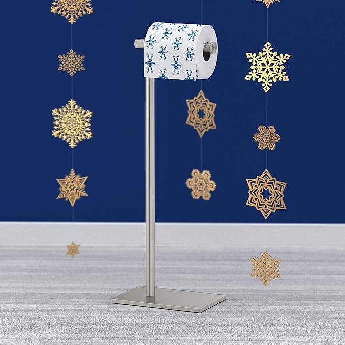 Gatco 1431SN, Modern Rectangle Base Freestanding Toilet Paper Holder, 22.25”, Satin Nickel/Free Standing Toilet Tissue Holder Stand with Weighted Base - ModernBath
