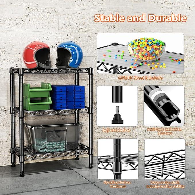 750 lbs 3 Tier Shelf Metal Storage Shelves Wire Rack Closet Organizers with PP Board for Garage Kitchen Bathroom Laundry Black 11.8" D x 21.7" W x 28.6" H - ModernBath