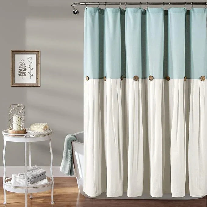 Lush Decor Linen Button Shower Curtain, 72" W x 72" L, Blue & Off White - Blue Shower Curtain Fabric - Bathroom Curtain - Farmhouse Bathroom Decor - ModernBath