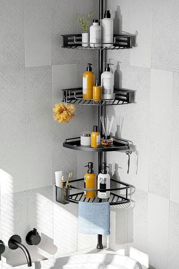 HAMITOR Corner Shower Caddy Tension Pole: Quick Installation 4-Tier Rustproof Bathroom Organizer Shelves for Bathtub Shampoo Storage - 47-121 inch Adjustable Floor Standing Bath Rack Holder - Black - ModernBath