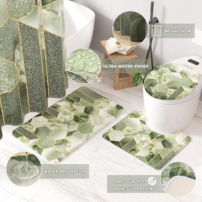 XLHOMO Bathroom Sets with Shower Curtain and Rugs - 4PC Sage Green Geometric Shower Curtain Set with 12 Hooks, Toilet Cover, U-Shaped Mat and Rugs Modern Abstract Bathroom Accessories for Bathroom - ModernBath