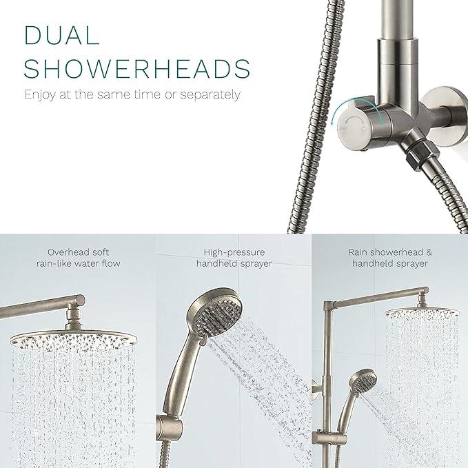 Fennocasa Polaris 3 Retrofit Rain Shower System, 3-Setting Handheld Shower Combo with Slide Bar, 8" Low Profile Shower Head (2.5 GPM Brushed Nickel) - ModernBath