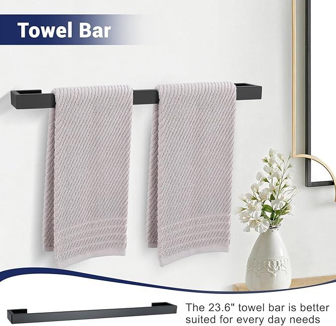 Matte Black Bathroom Hardware Set, 4-Piece Bath Towel Bar Set SUS304 Stainless Steel Towel Rack Set for Bathroom, 23.6 inches Bathroom Towel Holder Set Wall Mounted - ModernBath