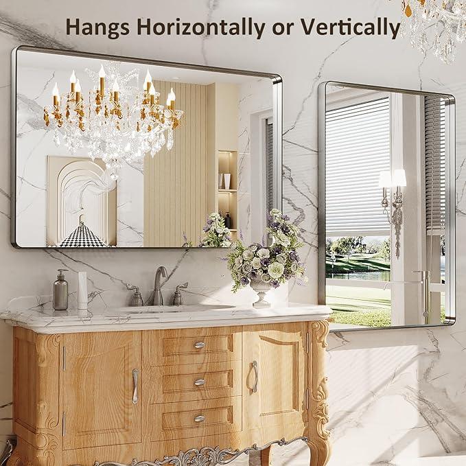 LOAAO 48X32 Inch Brushed Nickel Bathroom Mirror, Rounded Rectangle Silver Metal Frame Mirror, Brushed Nickel, Anti-Rust, Shatter Proof, Hangs Horizontally or Vertically - ModernBath
