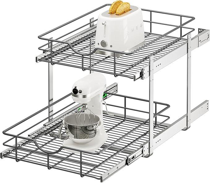 ALINE FURNITURE 2-Tier Pull Out Cabinet Organizer - 17" W x 22" D Soft Close Pullout Shelves with Shelf Liners - Slide Out Drawers for Kitchen Cabinets, Pantry, Bathroom, Heavy Duty Steel Wire Baskets - ModernBath