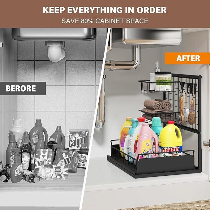 Under Sink Organizer Shelves, Pull Out Cabinet Organizers, Metal Hook Shelf Sliding Drawers for Kitchen Bathroom Closet Organization and Storage - ModernBath