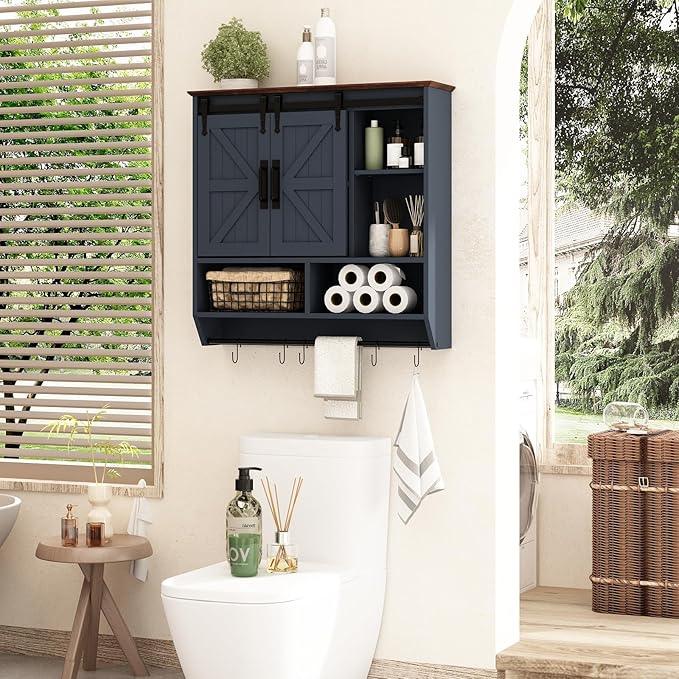 RUSTOWN Farmhouse Bathroom Wall Cabinet,3-Tier Rustic Wood Wall Mounted Cabinets,Vintage Medicine Cabinet with Sliding Barn Door and Adjustable Shelves,Over The Toilet Storage Cabinet (Navy Blue) - ModernBath