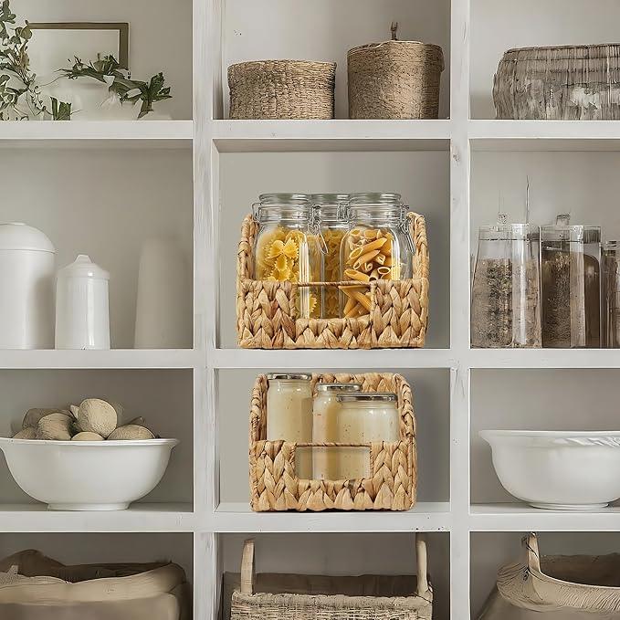 Casafield Set of 2 Water Hyacinth Pantry Baskets with Handles - Natural, Woven Storage Bin Organizers for Kitchen Shelves, Medium and Large Sizes - ModernBath