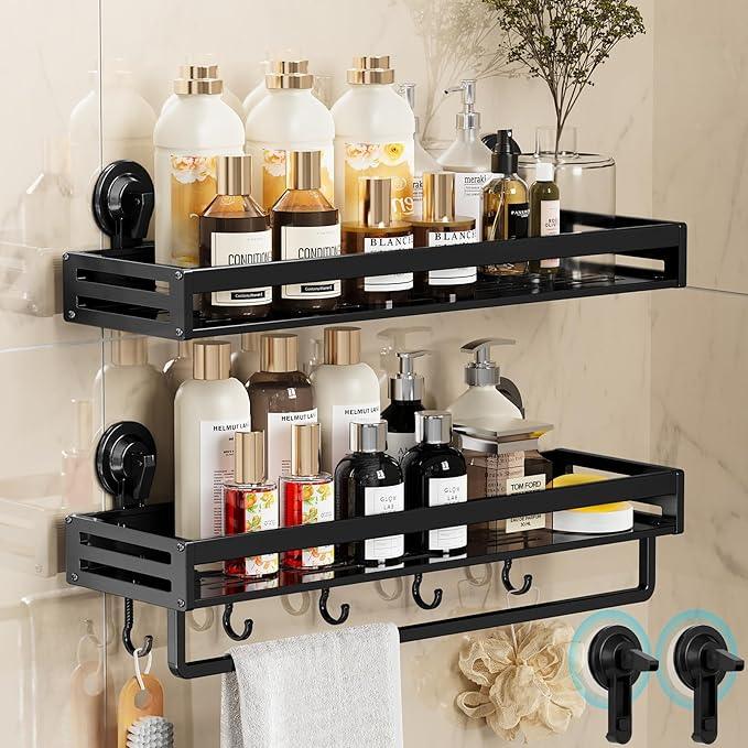 CIBOTIES Shower Caddy Suction Cup, 15.8 inch 2 Pack Suction Shower Shelf with Hooks NO-Drilling Bathroom Holder, Rustproof Bathroom Organizer, Black,Includes 2 Extra Suction Cups for Replacement Use - ModernBath
