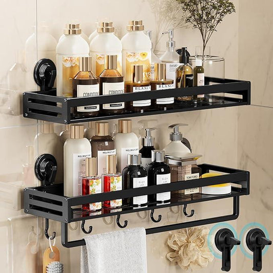 CIBOTIES Shower Caddy Suction Cup, 15.8 inch 2 Pack Suction Shower Shelf with Hooks NO-Drilling Bathroom Holder, Rustproof Bathroom Organizer, Black,Includes 2 Extra Suction Cups for Replacement Use - ModernBath