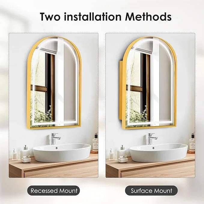 soges LED Medicine Cabinet Lighted Bathroom Mirror, 36”x24” Arched Recessed Medicine Cabinet with 2 Storage Shelves & Beveled Edge Mirror for Bathroom, Wall Mounted Mirror Cabinet, Gold - ModernBath