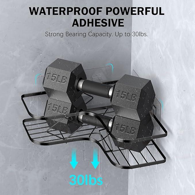 Shower Caddy, 2 Pack Corner Organizer Shelf, Rustproof Wall Mount Shower Storage Rack, No Drilling, 40 lbs Capacity (Glossy Black) - ModernBath