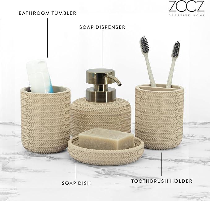 ZCCZ Beige Bathroom Accessories Set 4 Pcs - Toothbrush Holder, Soap Dispenser, Vanity Tray, Tumbler - Countertop Organizer for Bathroom Decor - Stylish and Functional Accessory Set for Home - ModernBath
