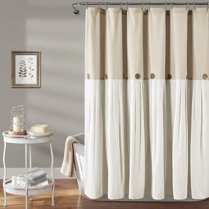 Lush Decor Linen Button Shower Curtain, 72" W x 72" L, Linen - Neural Shower Curtain Fabric - Bathroom Curtain - Farmhouse Bathroom Decor - ModernBath
